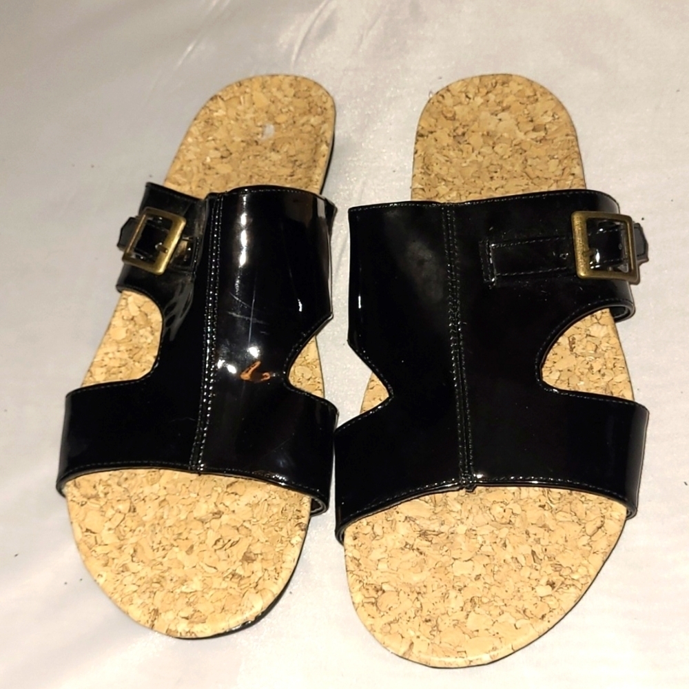 Sandals Shoes Slides Black Patent Vegan Leather brass buckle sz 10 W